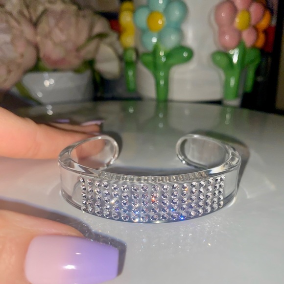 Clear Acrylic Lucite Cuff Bracelet With Crystals, Chunky Wide Crystal Cuff - Picture 8 of 11